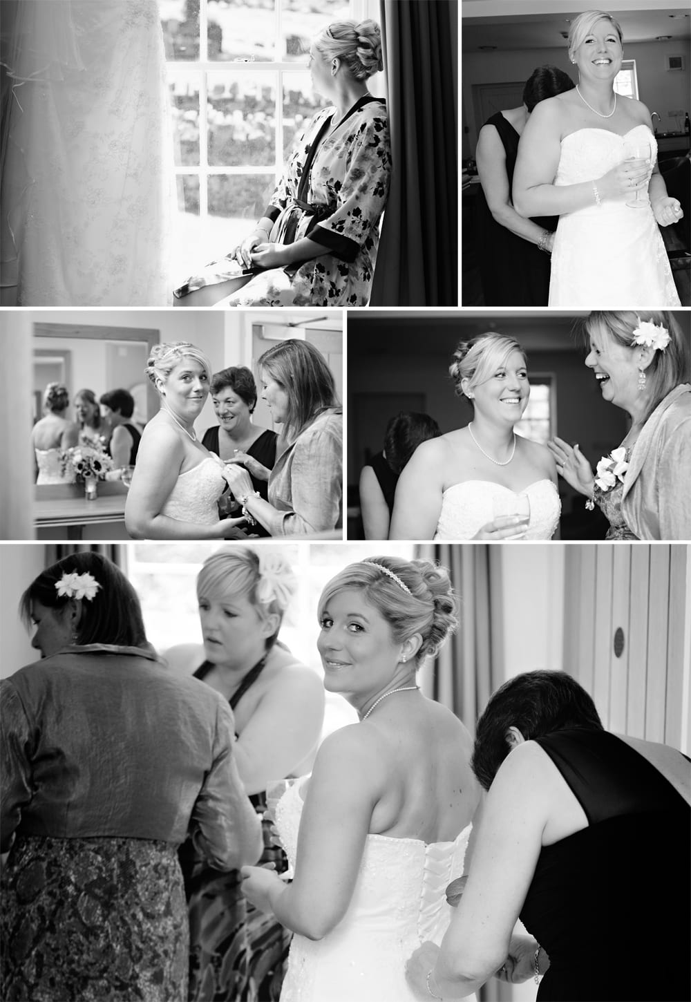 North Wales wedding - bride getting into dress