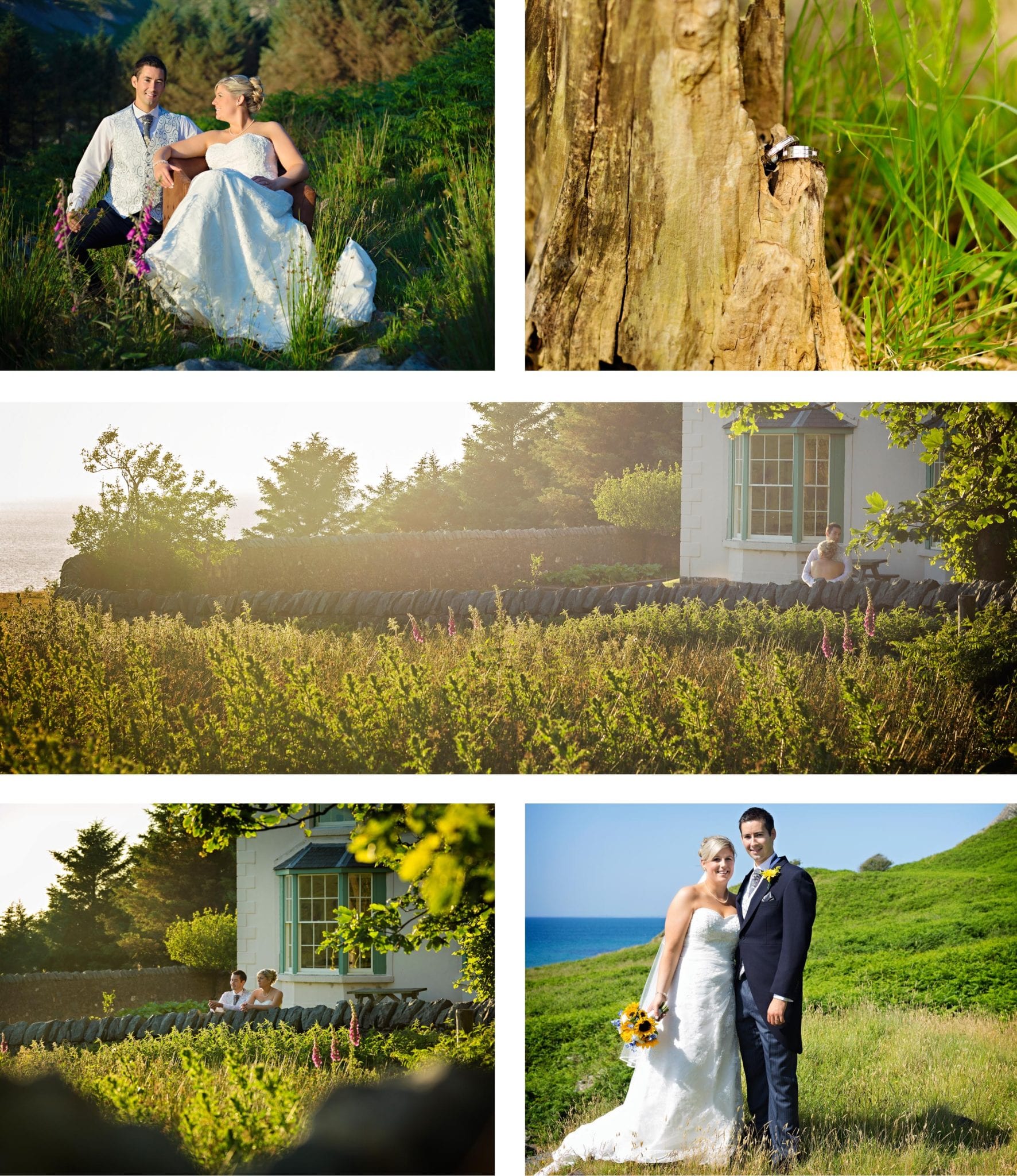 North Wales wedding - bride and groom cuddling by stone wall