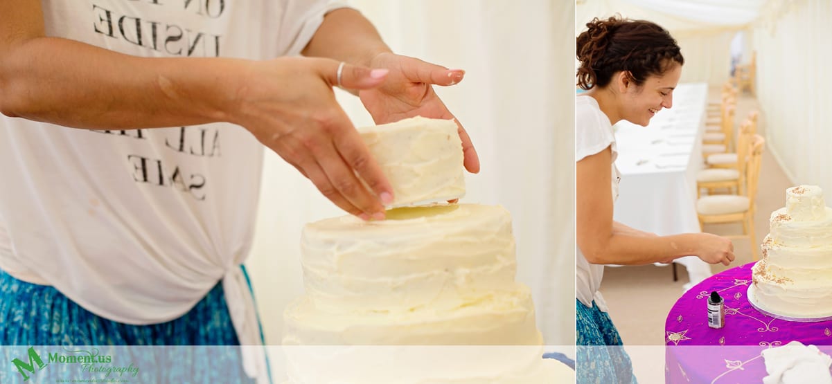 Fort Belan Wedding - bride assembling cake
