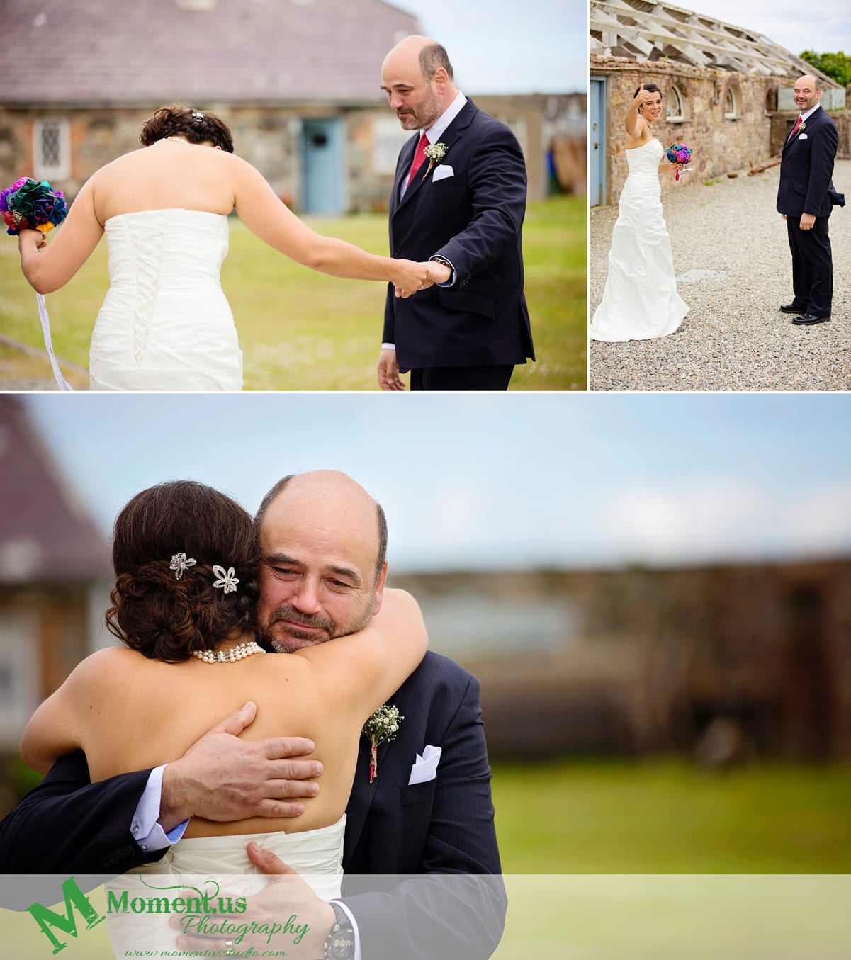 Fort Belan Wedding - bride hugging dad