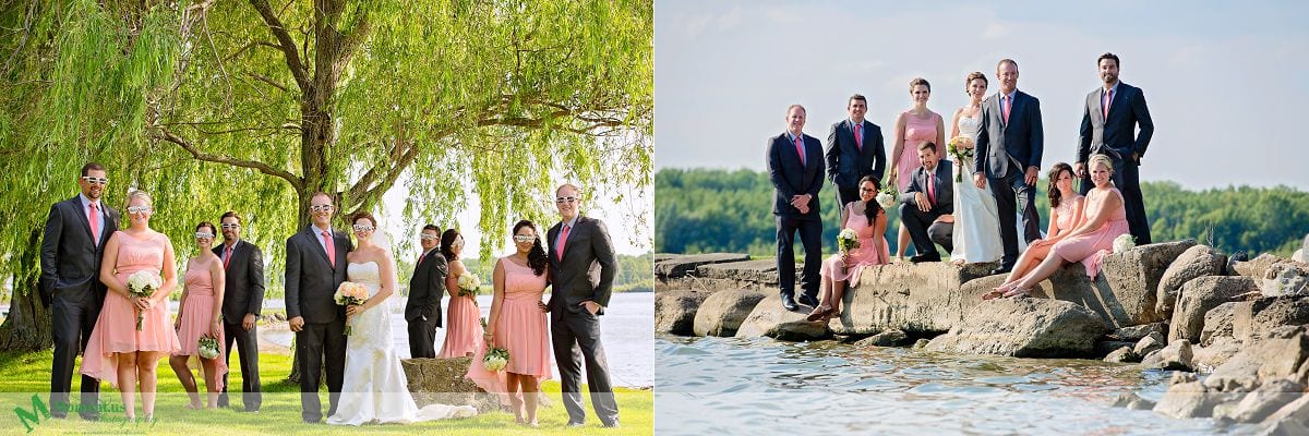 Outdoor Cornwall Wedding - wedding party sitting on rocks by river