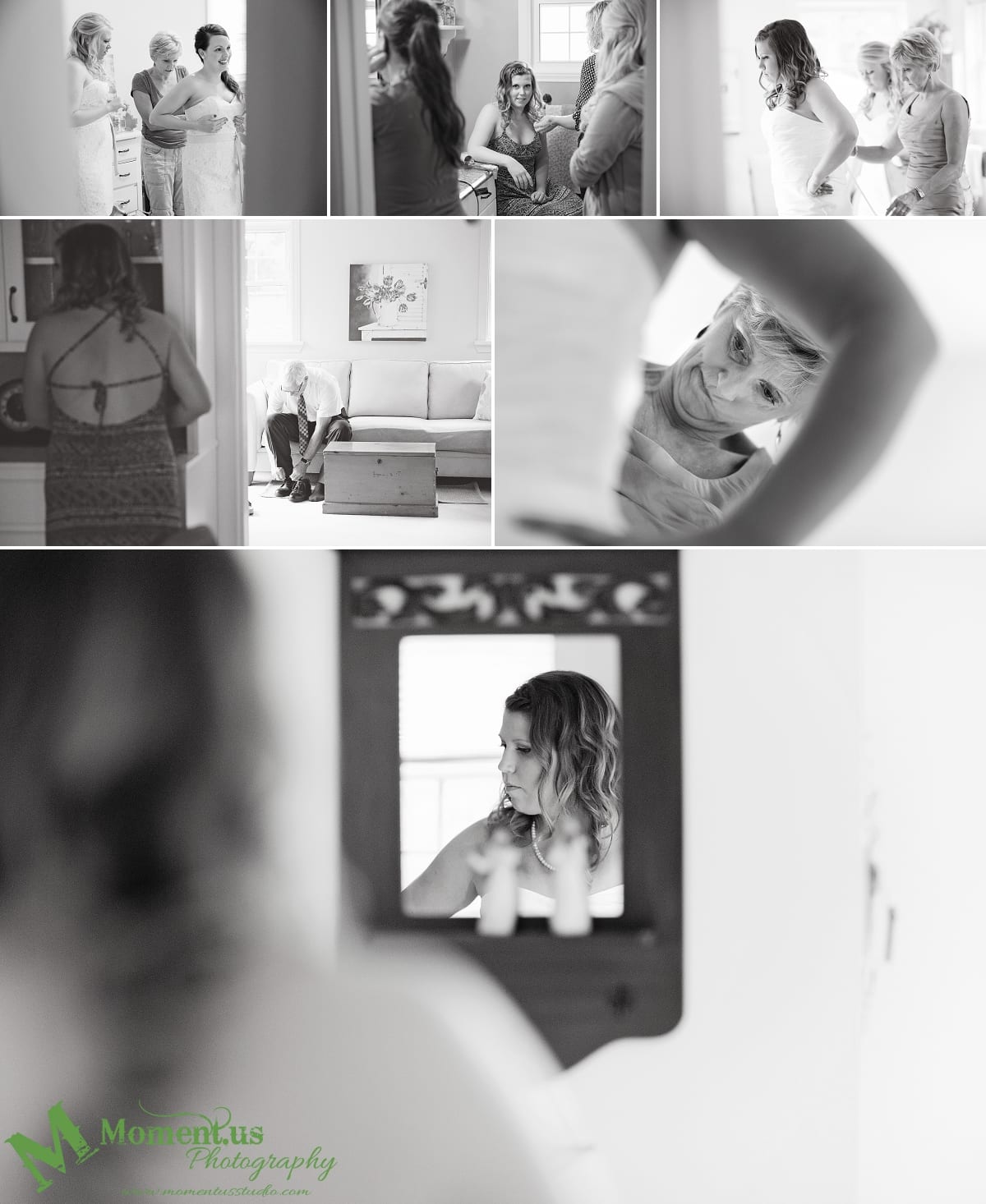 rustic country wedding photos - mother looking perplexed trying to get dress done up