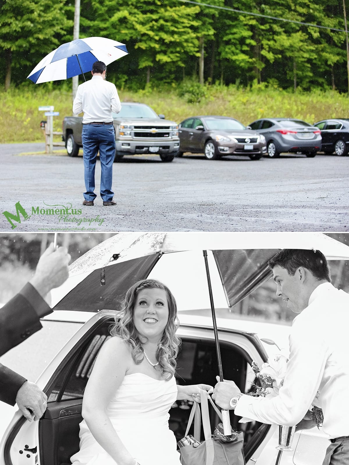 rustic country wedding photos - usher in rain with umbrella