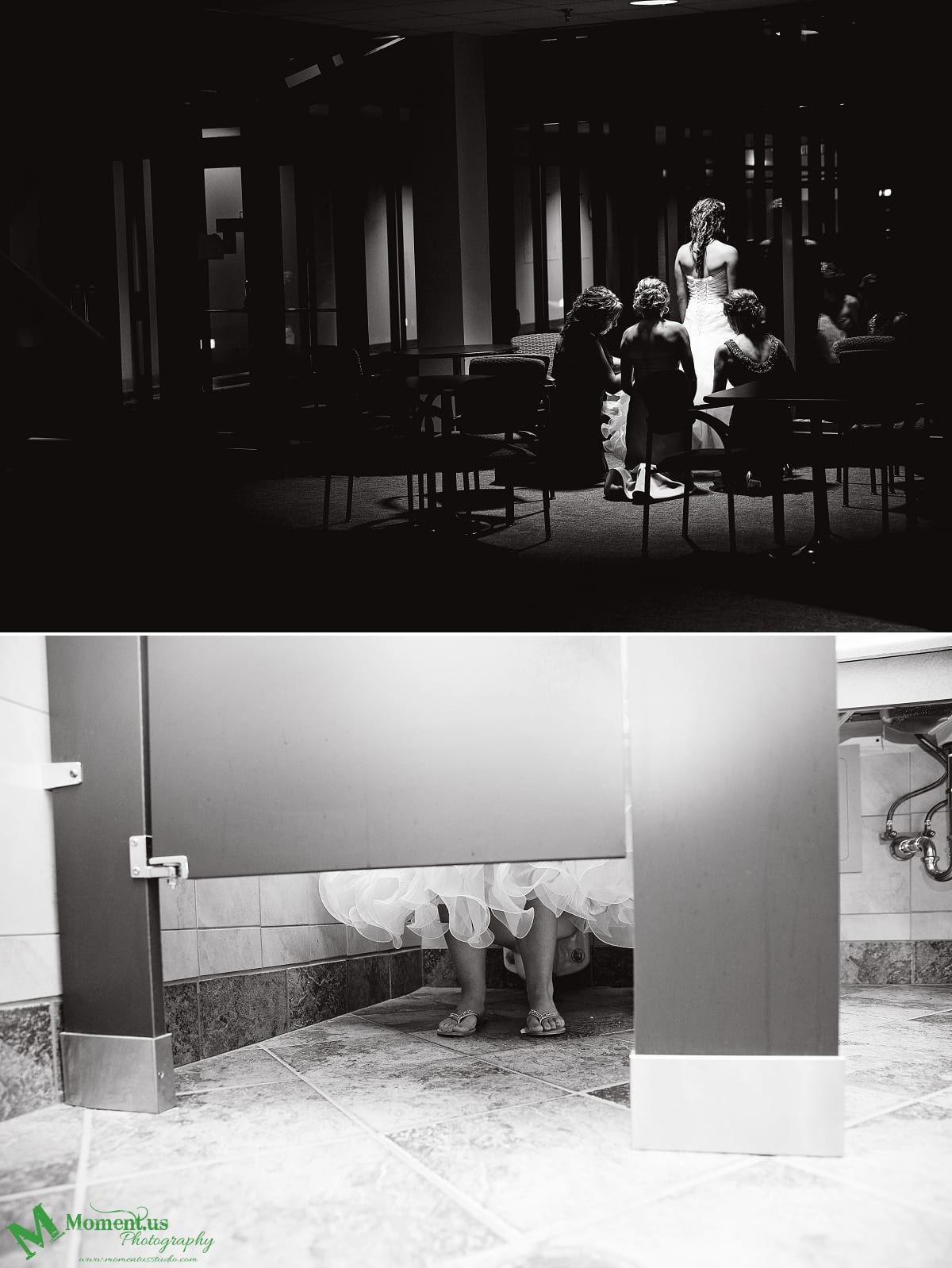 bride in bathroom stall at NAVCentre wedding - Cornwall wedding photographer