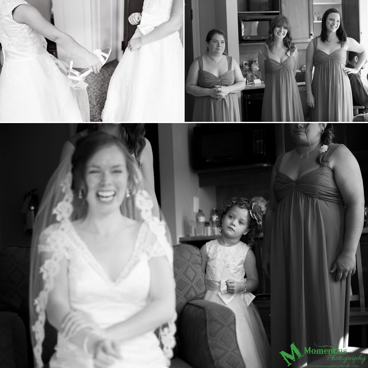 flower girl looking at laughing bride - Calabogie Peaks Wedding