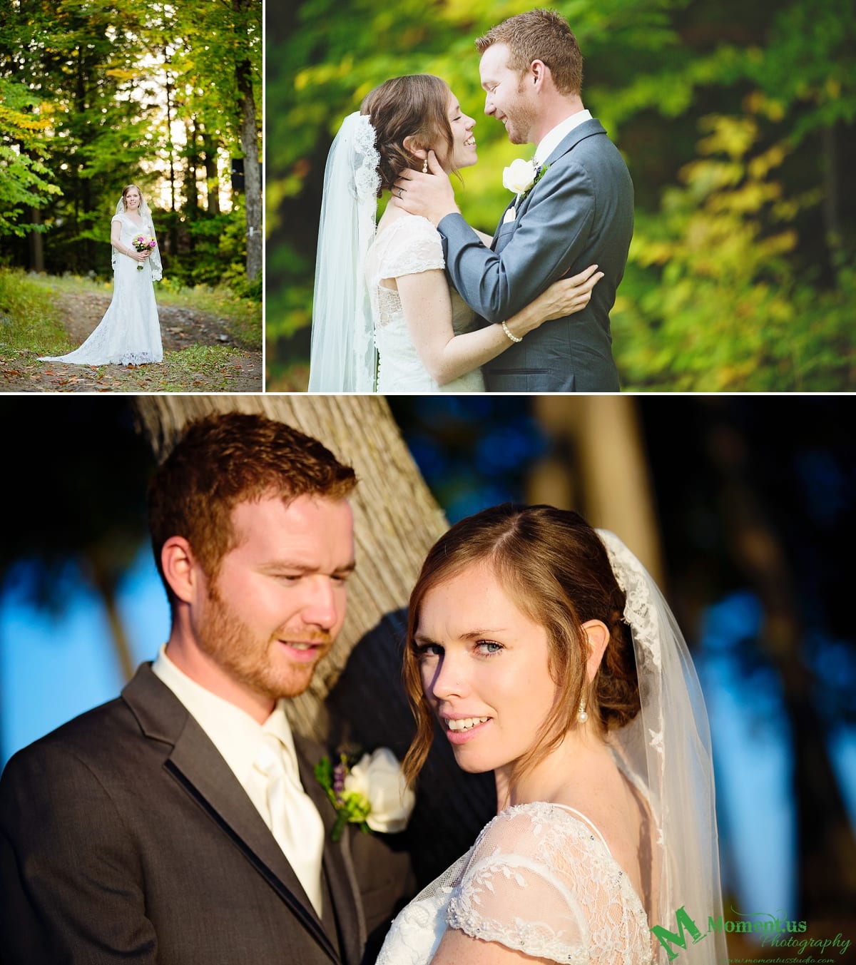 bride and groom in forest - Calabogie Peaks Wedding