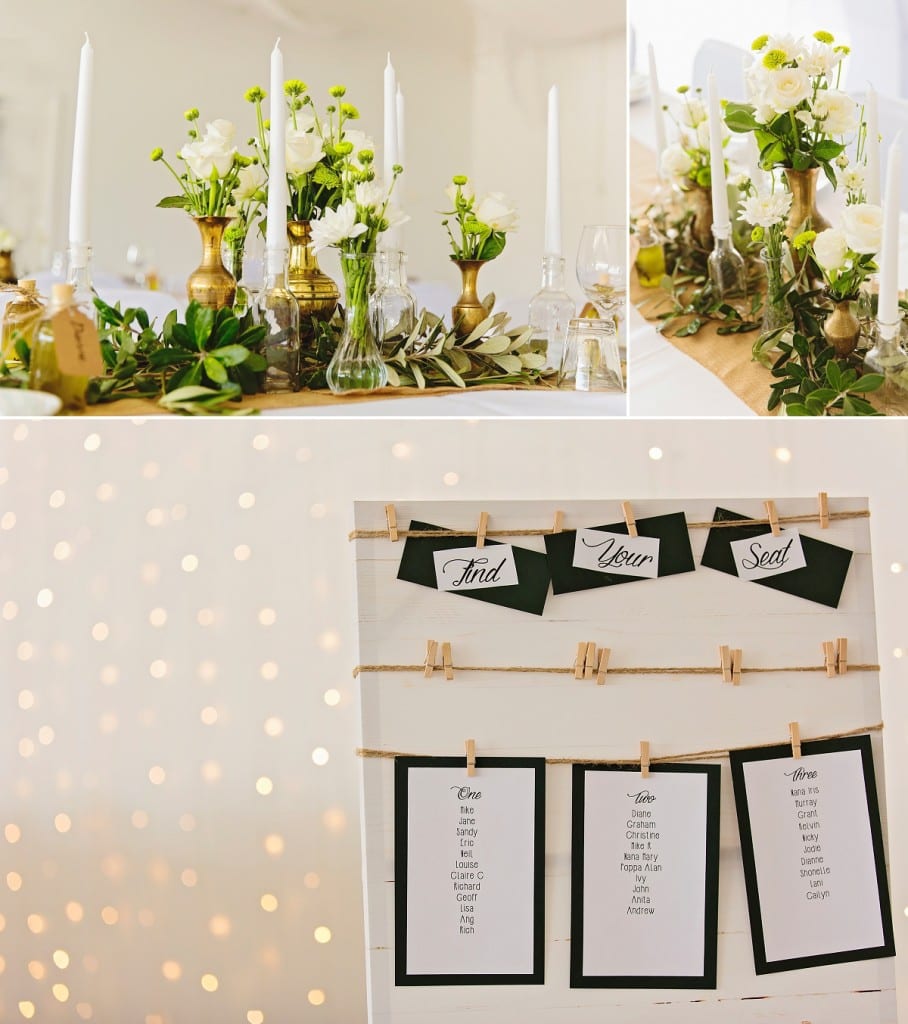 Cornwall international wedding photographer - green gold and white centrepieces