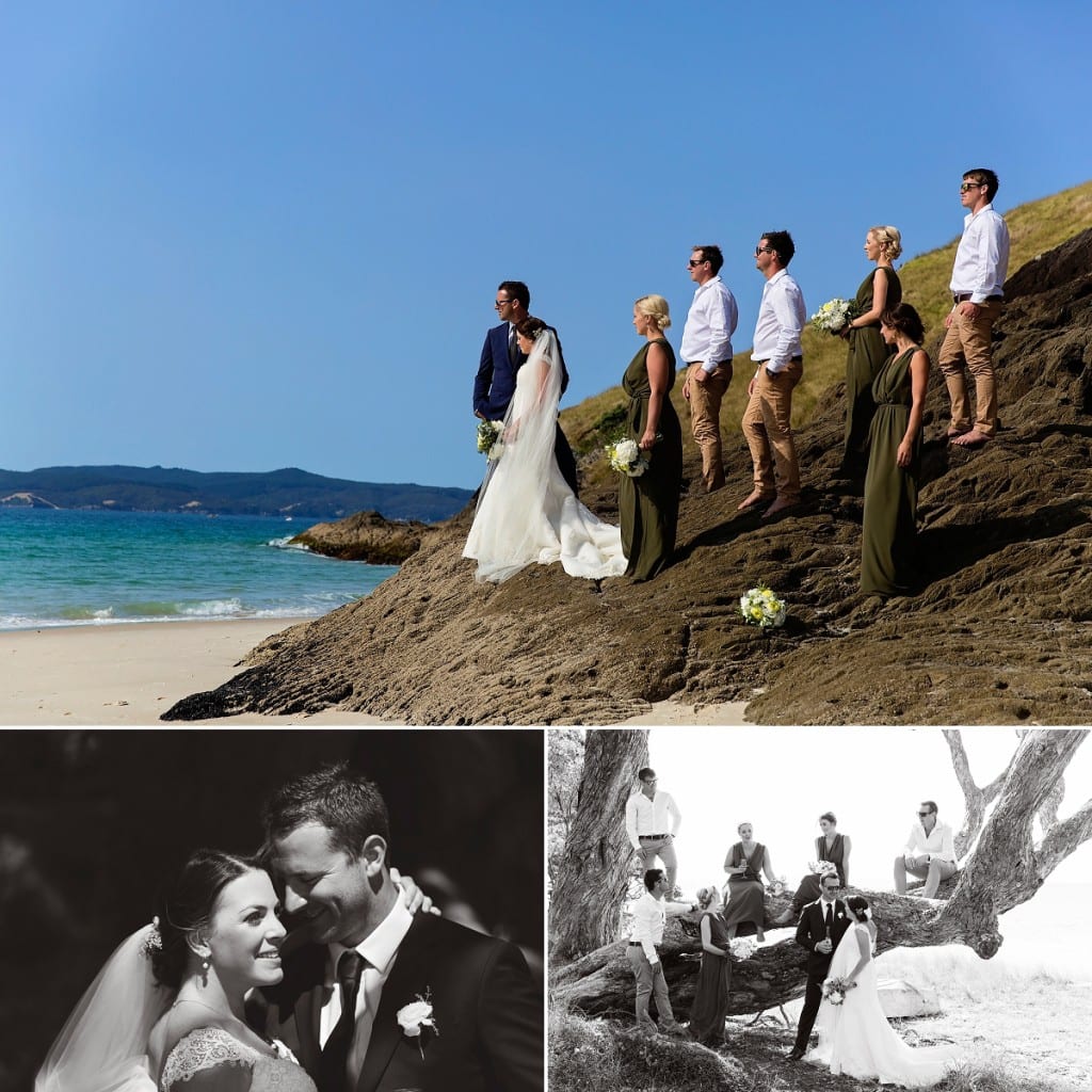 International wedding photographer in Cornwall - wedding party on rocks by ocean