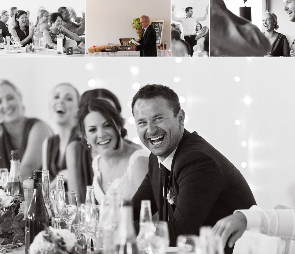 International wedding photographer in Cornwall - groom laughing during speeches