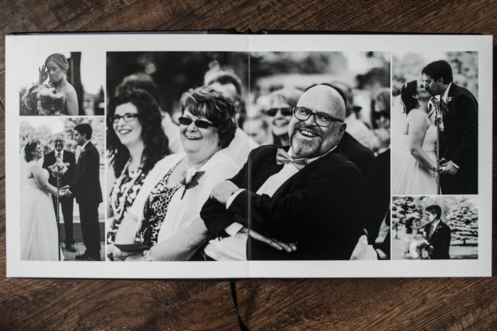 interior of Modern Ontario Wedding Album featuring dad laughing during Cornwall Golf & Country Club wedding ceremony