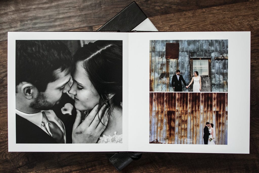 interior of Modern Ontario Wedding Album featuring bride and groom in front of rusted aluminum wall