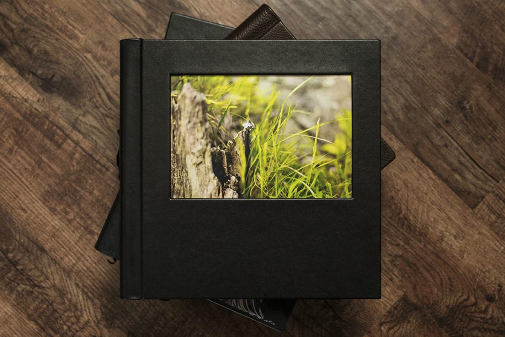 ring on tree stump on cover of Modern Ontario Wedding Album