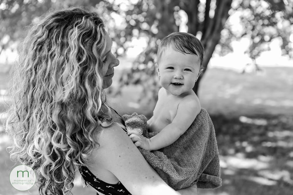 Cornwall child in towel with mom
