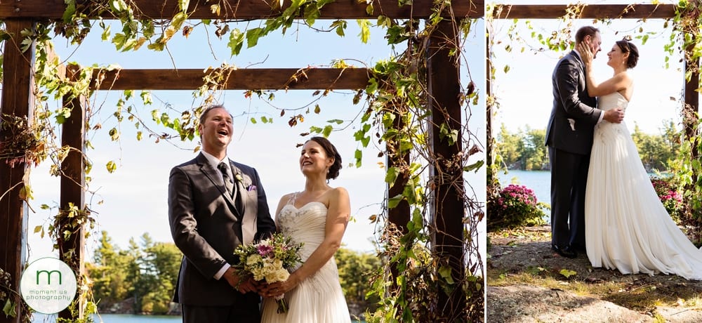 bride and groom laughing during 1000 islands waterfront wedding ceremony