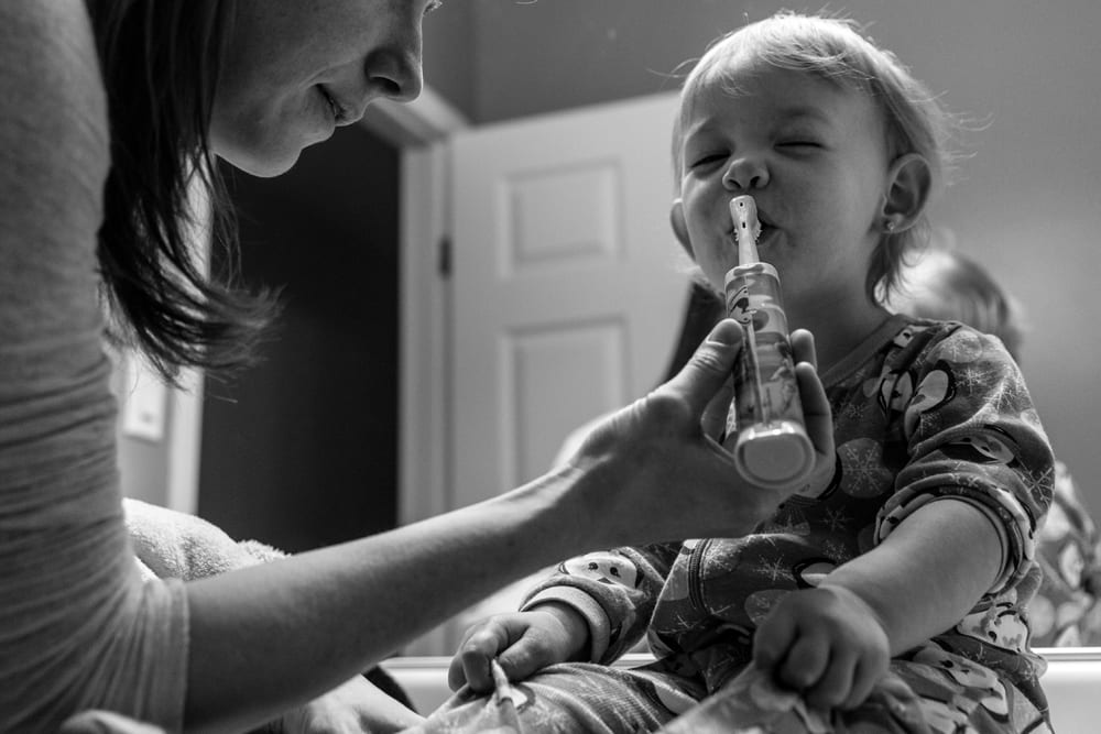 Cornwall family photography - brushing teeth