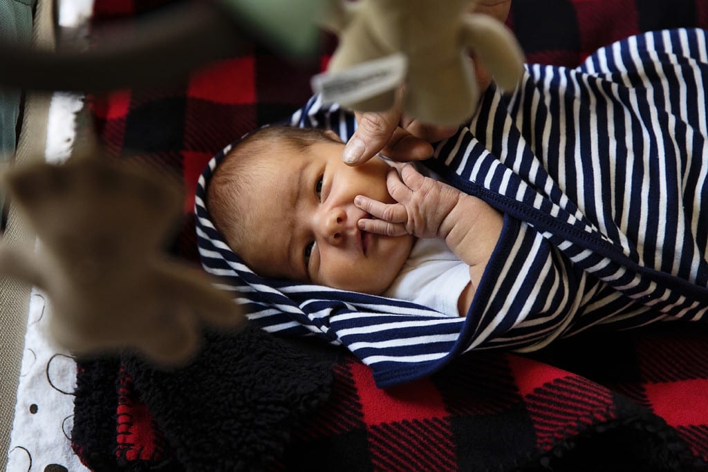 parent touching baby's cheek during family portrait session