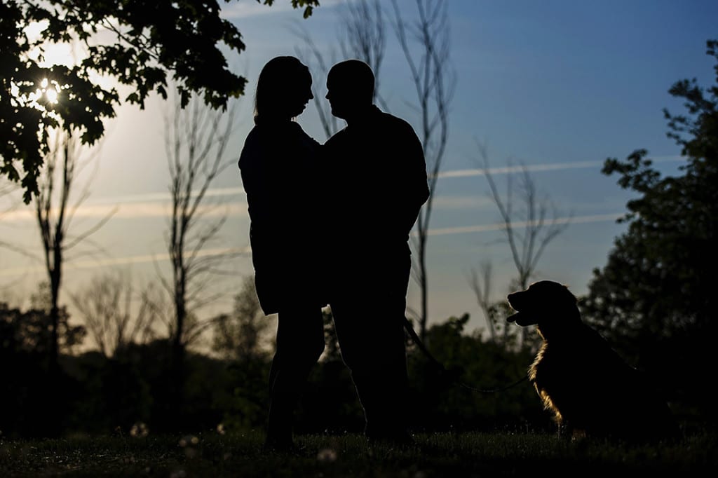 Silhouette with dog at the ruins during St Raphael's engagement session
