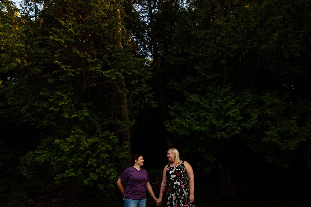 LGBT couple holding hands in forest