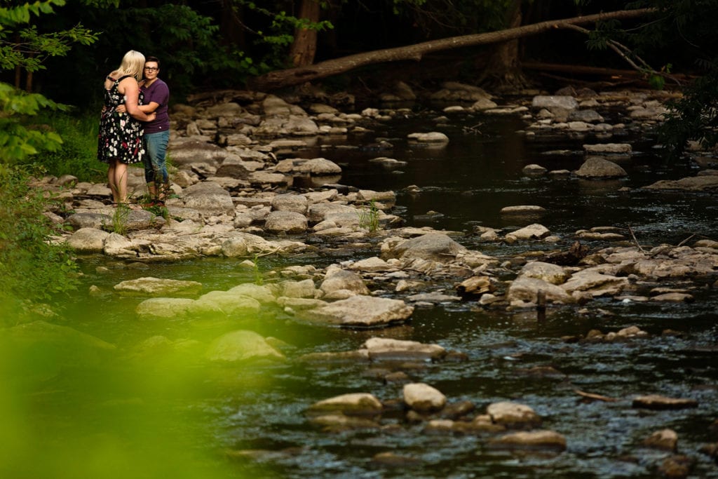 Women on rocky river edge