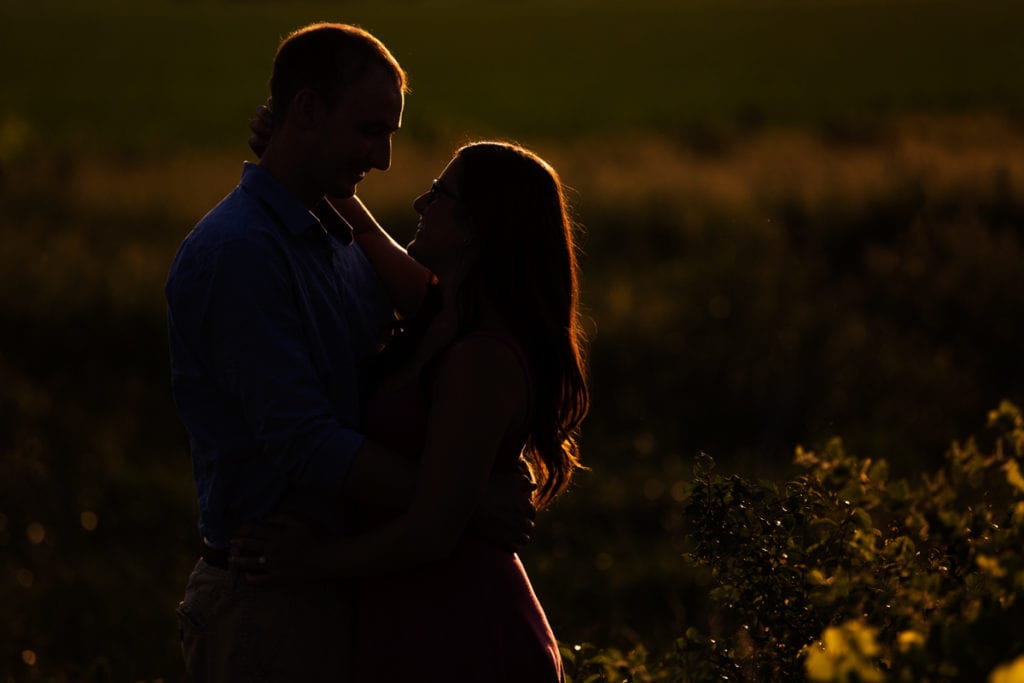 Couple embracing in country field engagement session