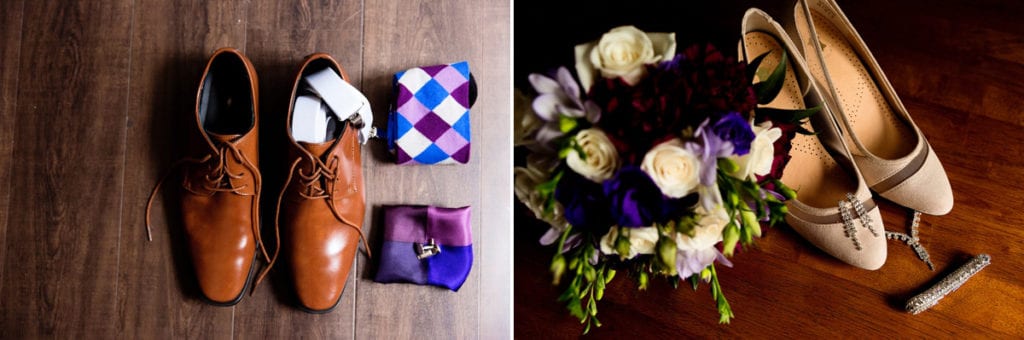 Blue and purple wedding details and bouquet with shoes and tie