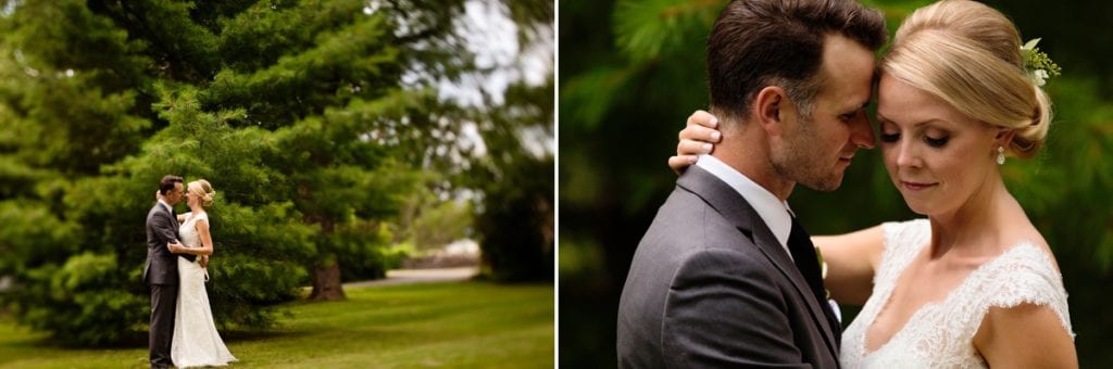 Rural Ontario backyard wedding bride and groom in evergreen trees