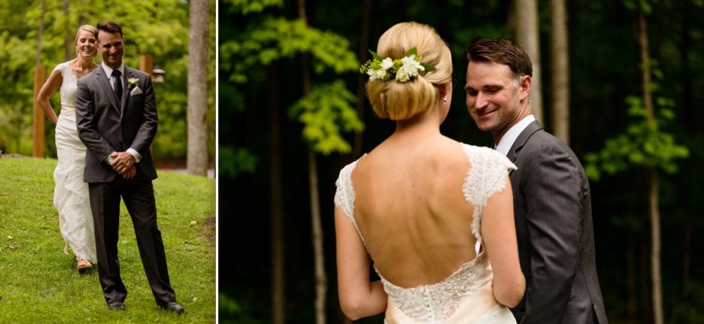 Bride and groom first look rural backyard wedding