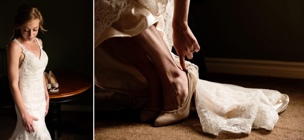 Bride in all lace gown and nude wedding shoes