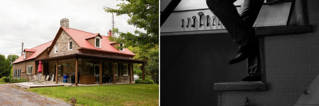 Groom coming down stairs and small stone house
