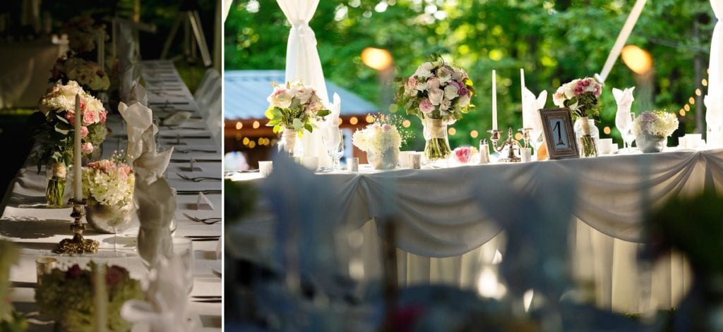 Rural Backyard wedding head table and flower arrangements