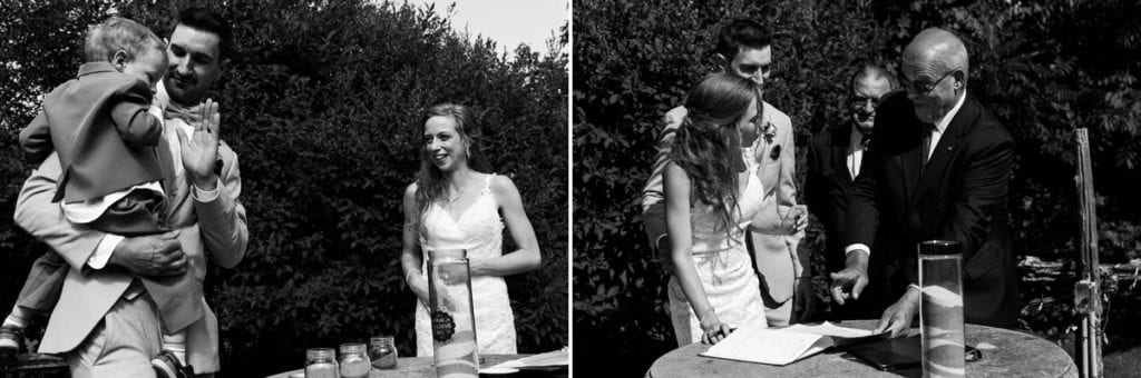 Bride and groom signing wedding registry