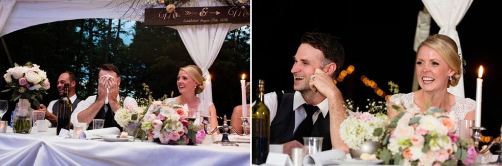 Bride and groom laughing at head table in rural ontario backyard wedding