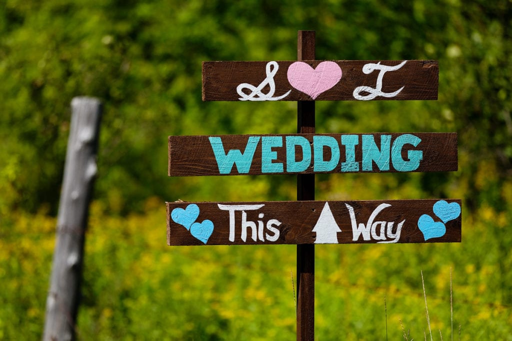 rustic wooden wedding signage in rural backyard wedding
