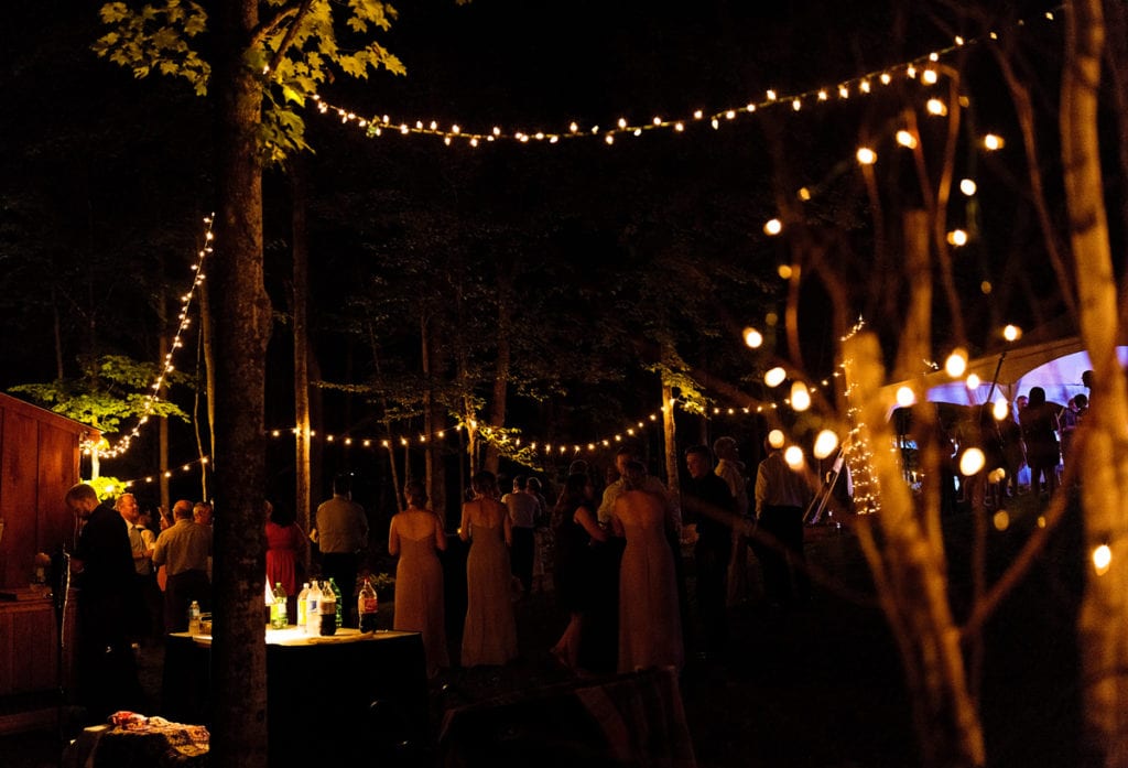 Rural Ontario backyard wedding reception outside with string lights