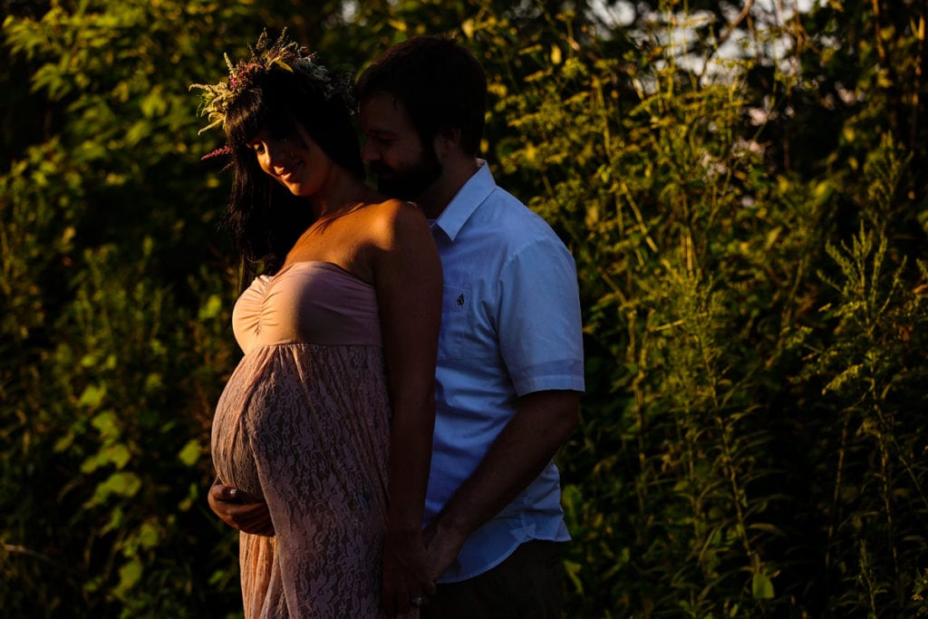 Bohemian sunset woodsy maternity shoot with dad