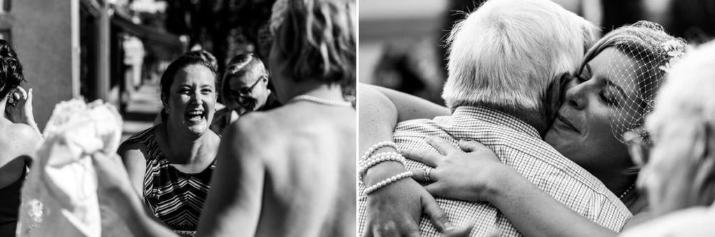 brides celebrating with reception guests at chic cornwall wedding