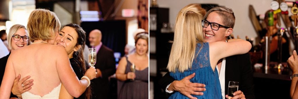 guests congratulating brides at chic lesbian cornwall wedding