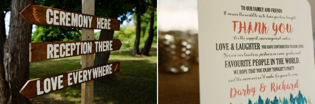 wedding details directional signage and note card