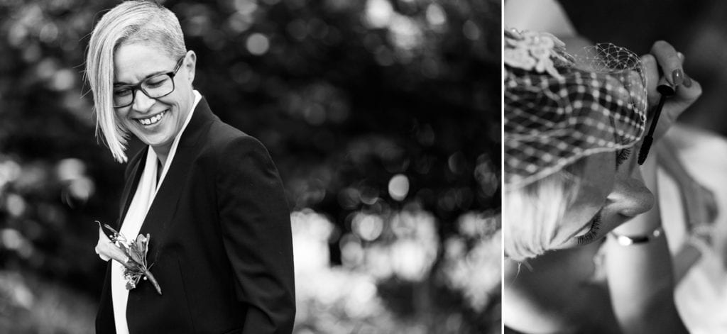 bride wearing lily boutonniere and bride with fascinator having makeup done