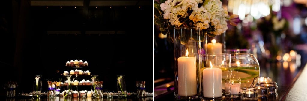 cupcake tower and candle details at trendy cornwall restaurant wedding