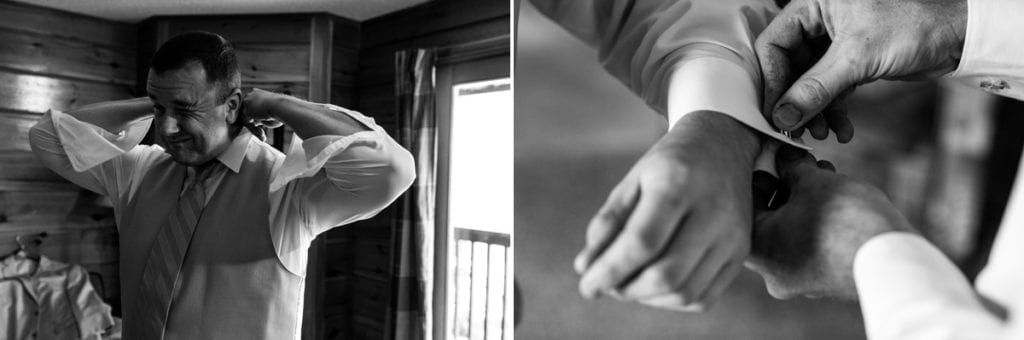 Groom prep and cuff links in rustic cabin at Calalbogie