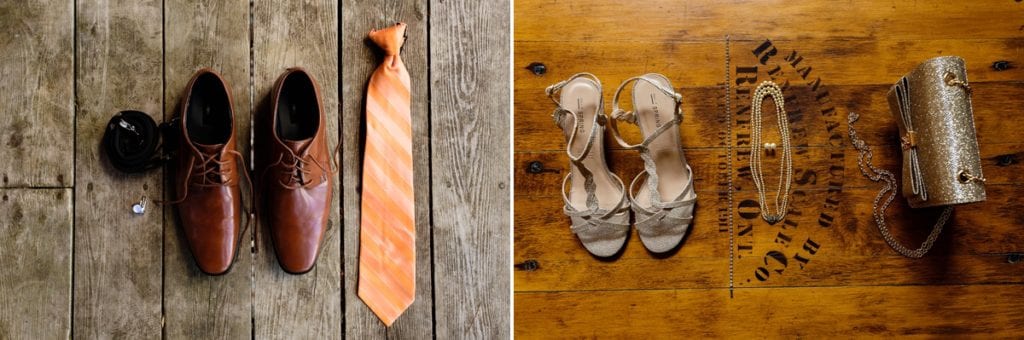 orange bride and groom details with tie, wedding shoes and purse