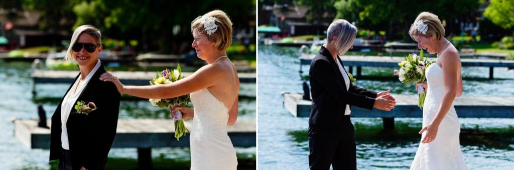 brides' first look on riverfront dock for chic cornwall wedding