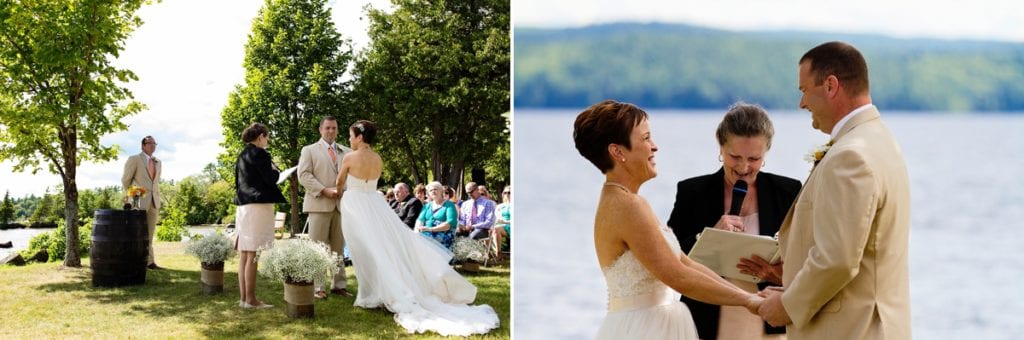 Couple exchanging vows lakeside at intimate Calabogie wedding