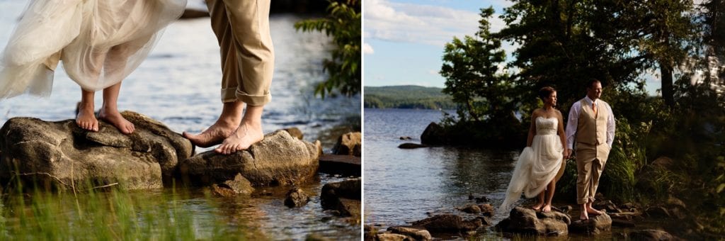 Barefoot bride and groom on rocks in lake at Calabogie wedding