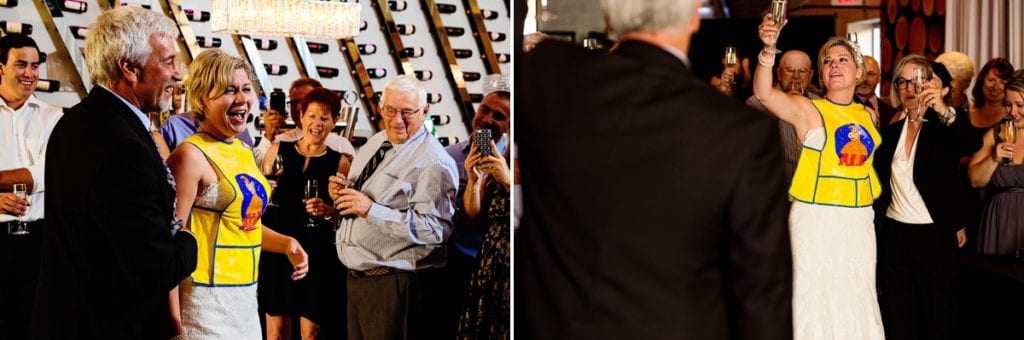 bride being comical with reception guests at chic cornwall wedding