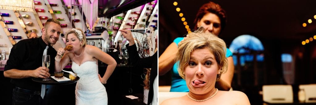 quirky bride hamming for camera with hairstylist