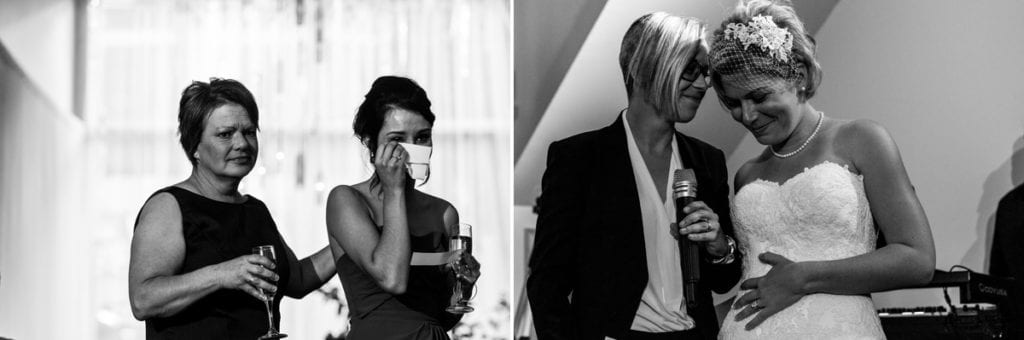 LGBTQ couple during bridesmaid's speeches at chic cornwall wedding