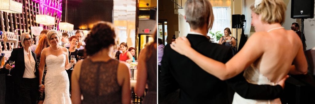 brides looking on during speeches at chic Cornwall wedding
