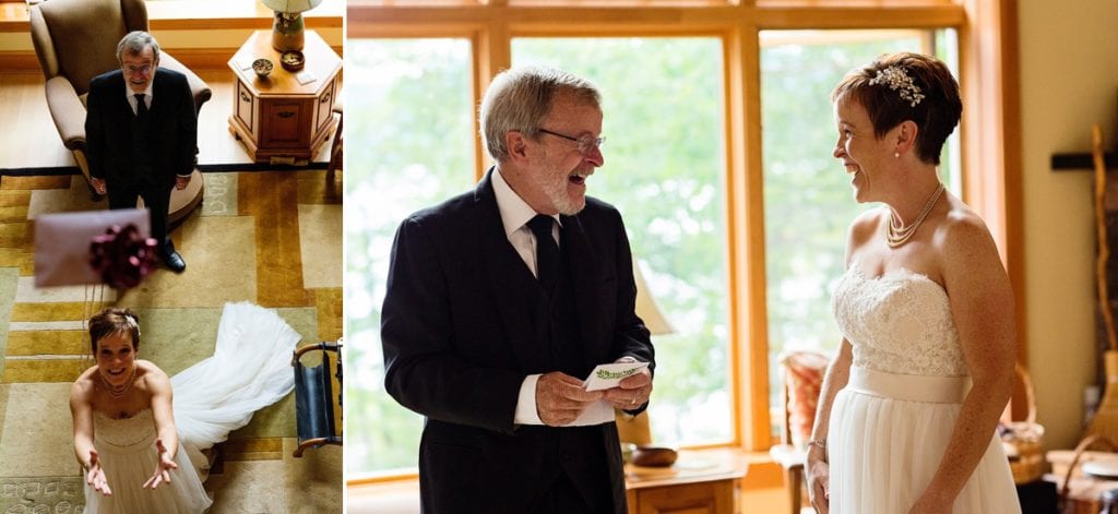 father and daughter laughing during wedding prep at intimate lakeside wedding
